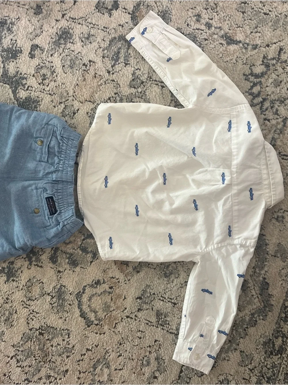 Janie and Jack White Button-Up Shirt with Blue Cars & Coordinating Shorts 12-18